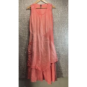Inizio Italian Linen Midi Dress Pink Lightwashed Pockets Lagenlook Bohemian L